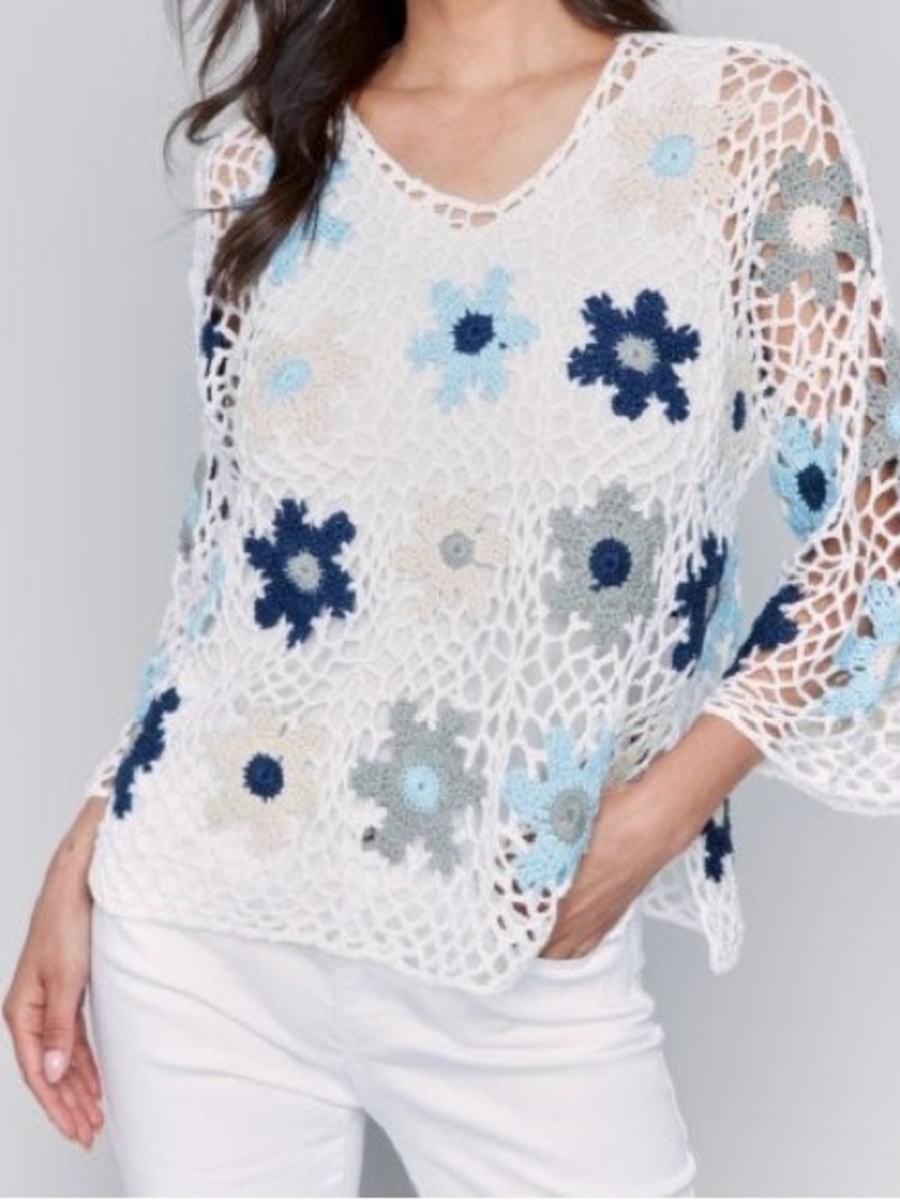 CHARLIE B White Crochet Tunic with Blue and Gray Floral Motifs